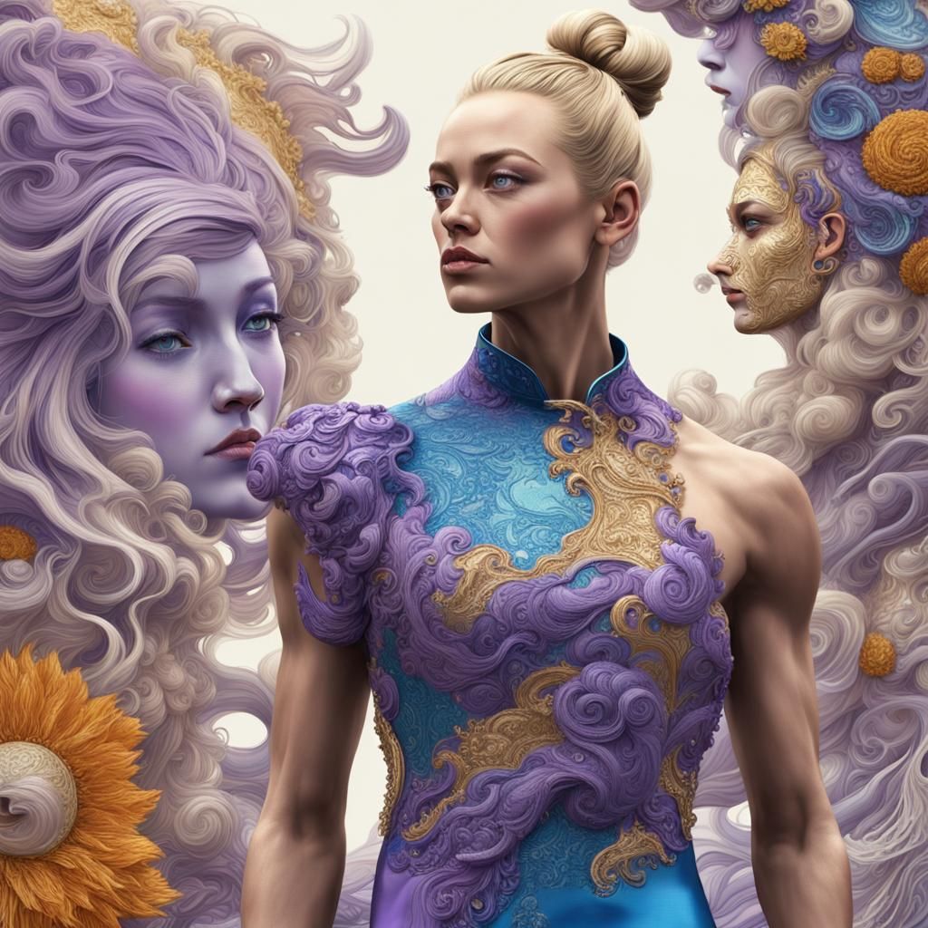 Abstract 3D Embroidery Gown on Blond Woman