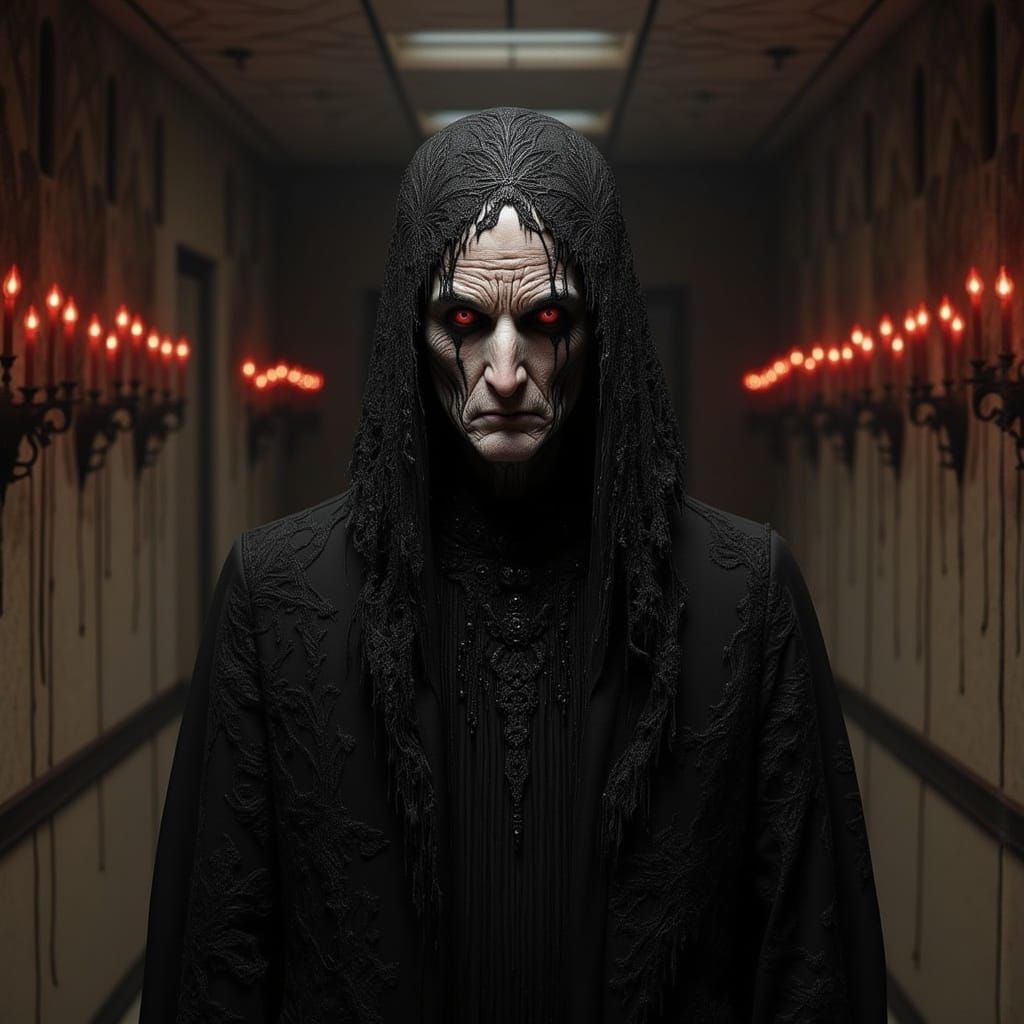 Victorian Gentleman in Eternal Hallway with Crimson Candles