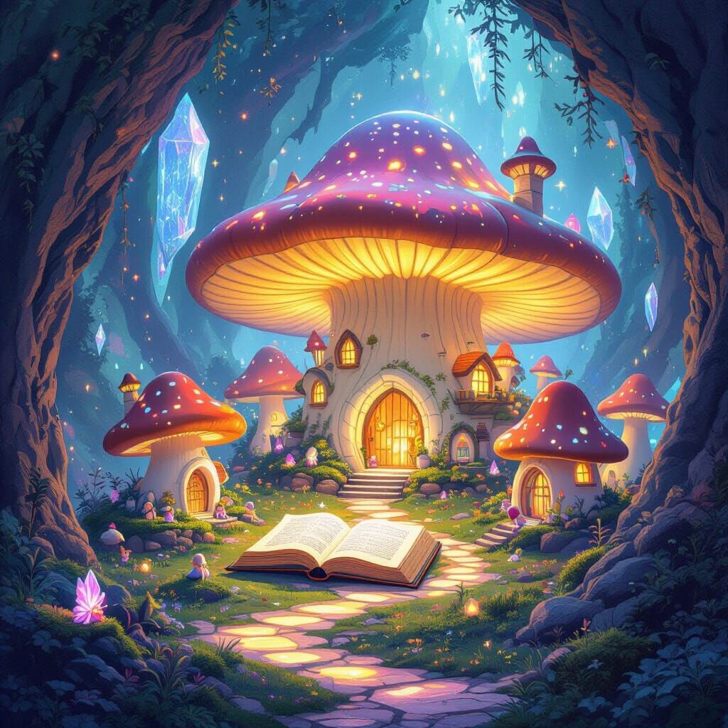Bioluminescent Mushroom Village in Crystal, Ethereal Art