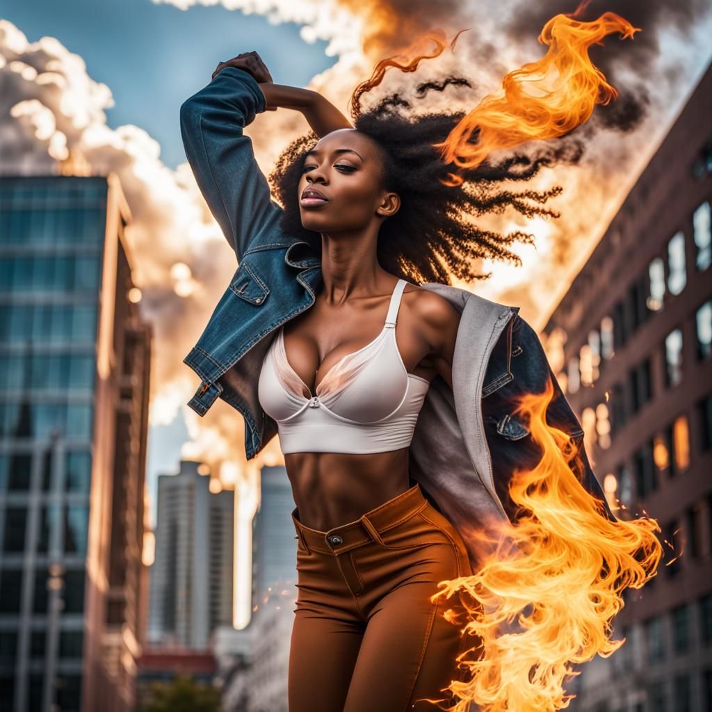 Empowered Woman Burning Bra in Urban Landscape