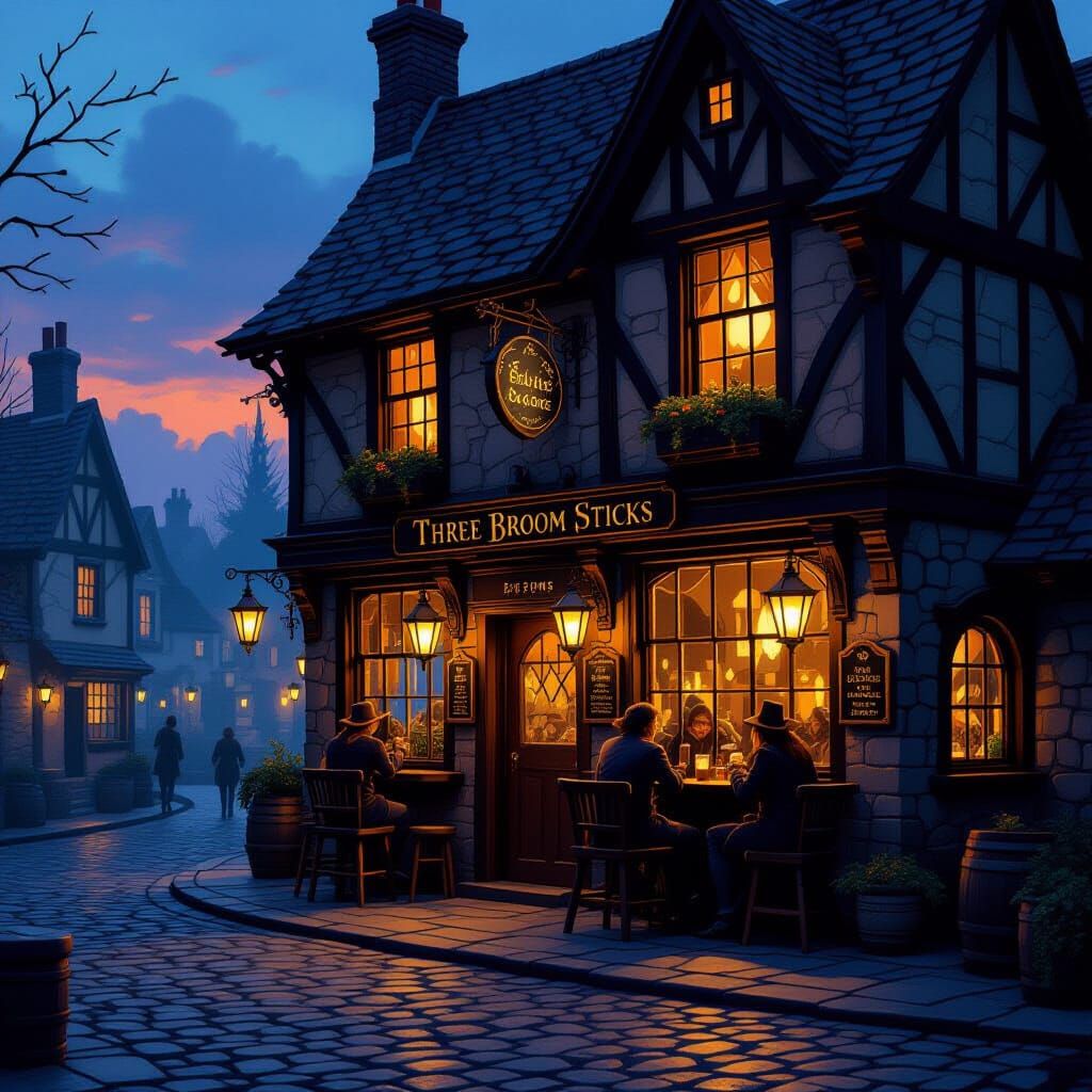 The Three Broom Sticks Pub at Twilight
