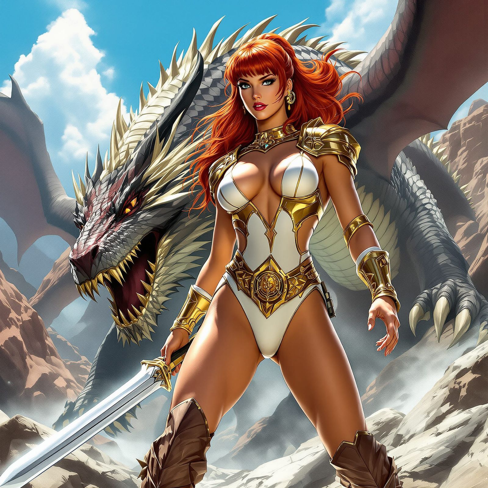 Teela Battles a Dragon in Mountainous Terrain