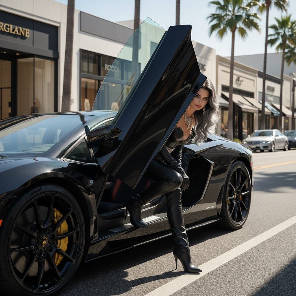 Mature Woman in Leather Dress with Diamond Jewelry