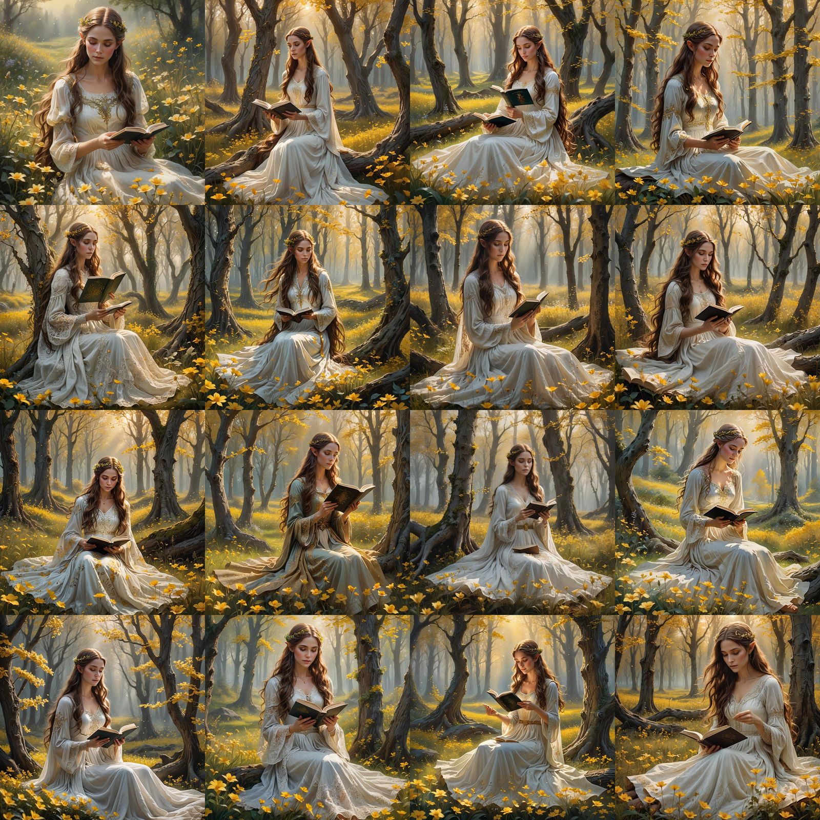 Ethereal Elven Lady Reading in Forest Meadow