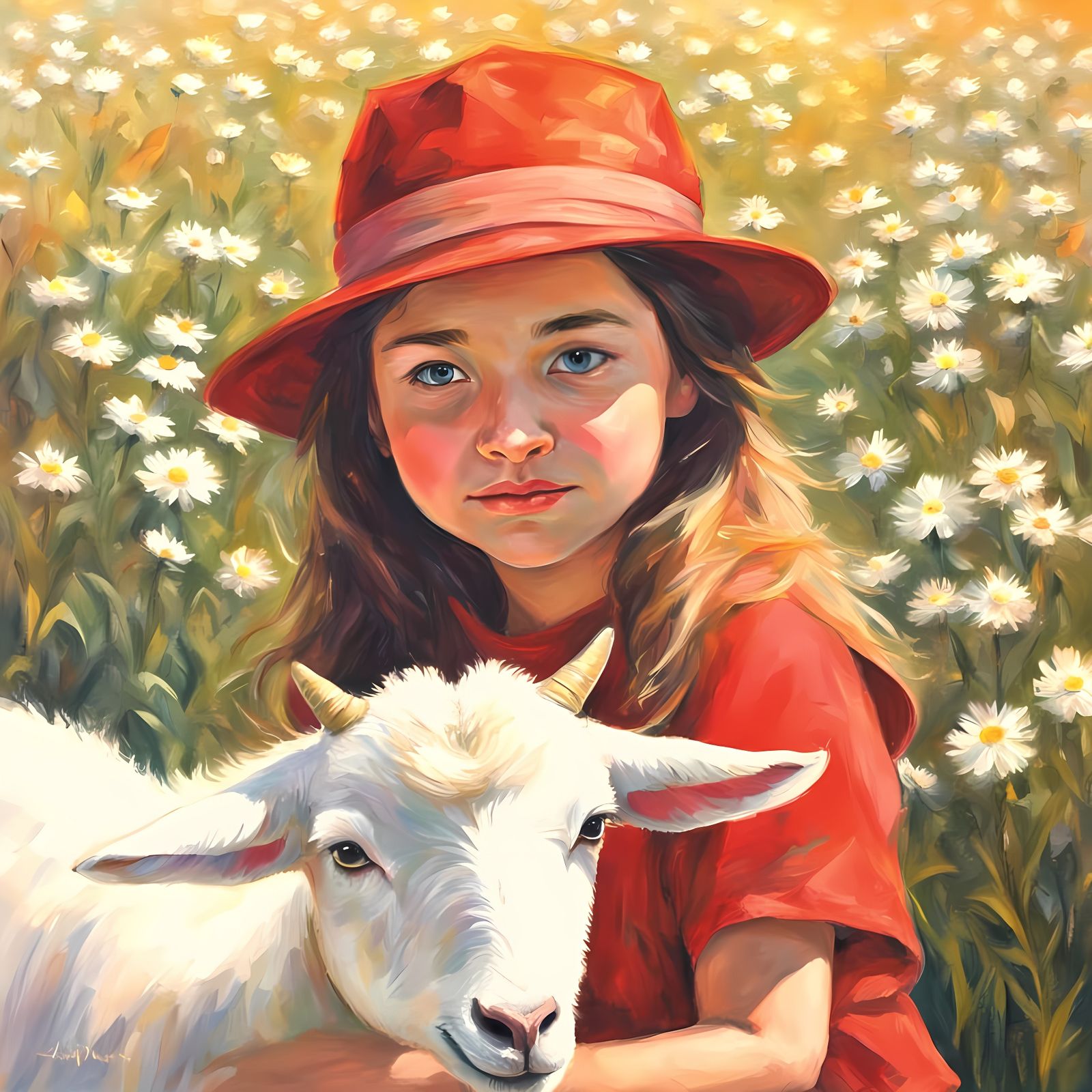 Girl and Goat in Daisy Field, Abstract Art