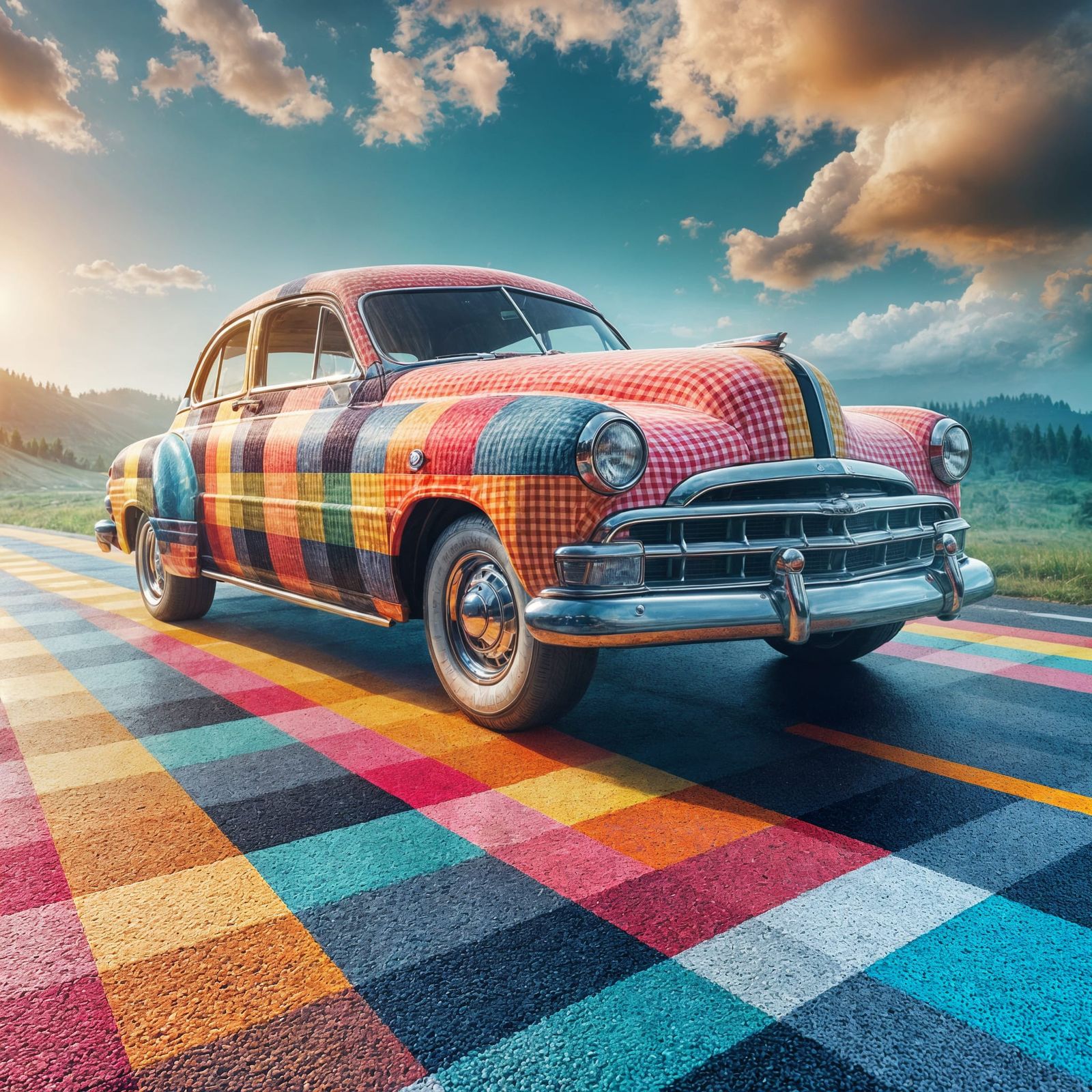 Classic Gingham Automobile Cruises Through a Dreamy Landscap...