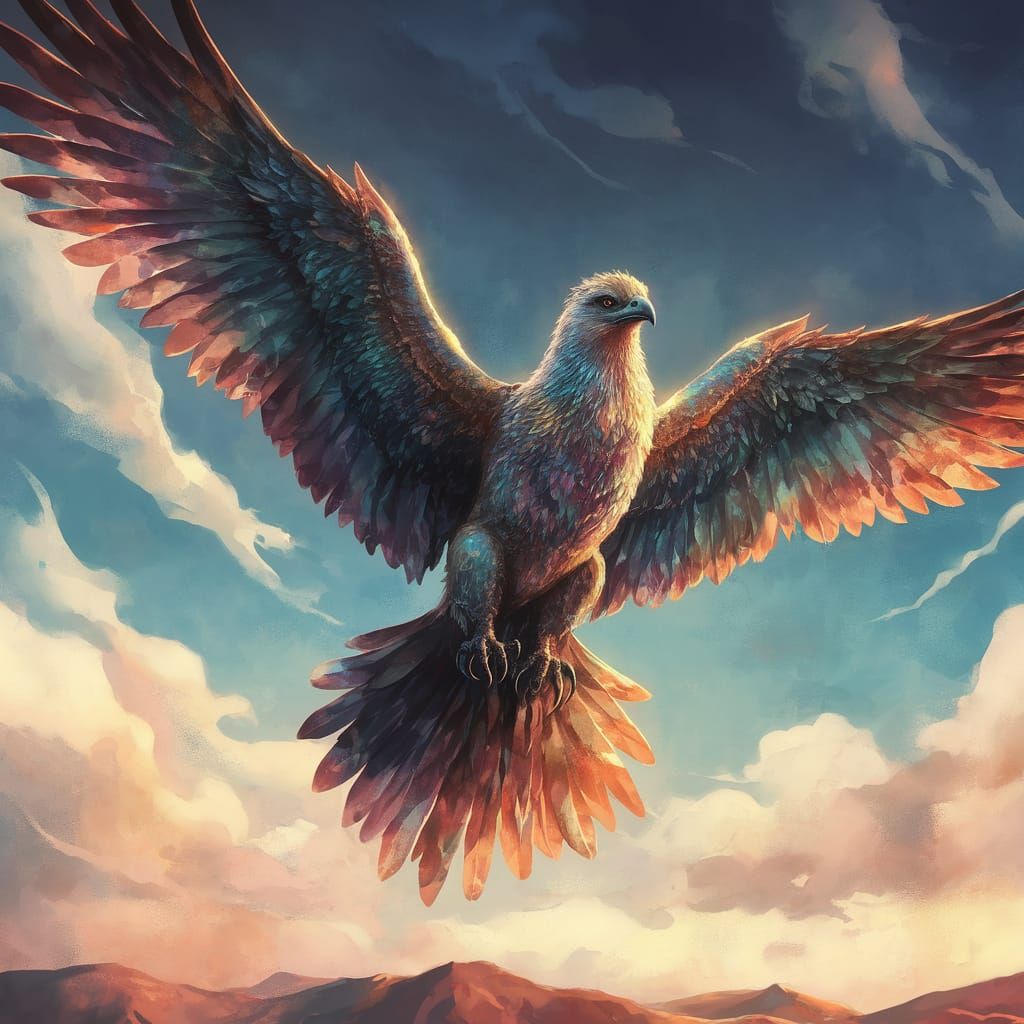 Majestic Garuda Soars Over Clear Blue Sky in Watercolor Styl...