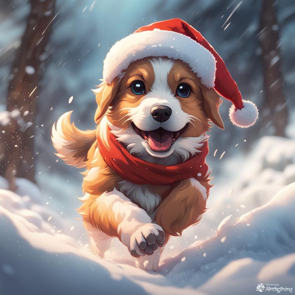 Festive Puppy Portrait in Anime Style