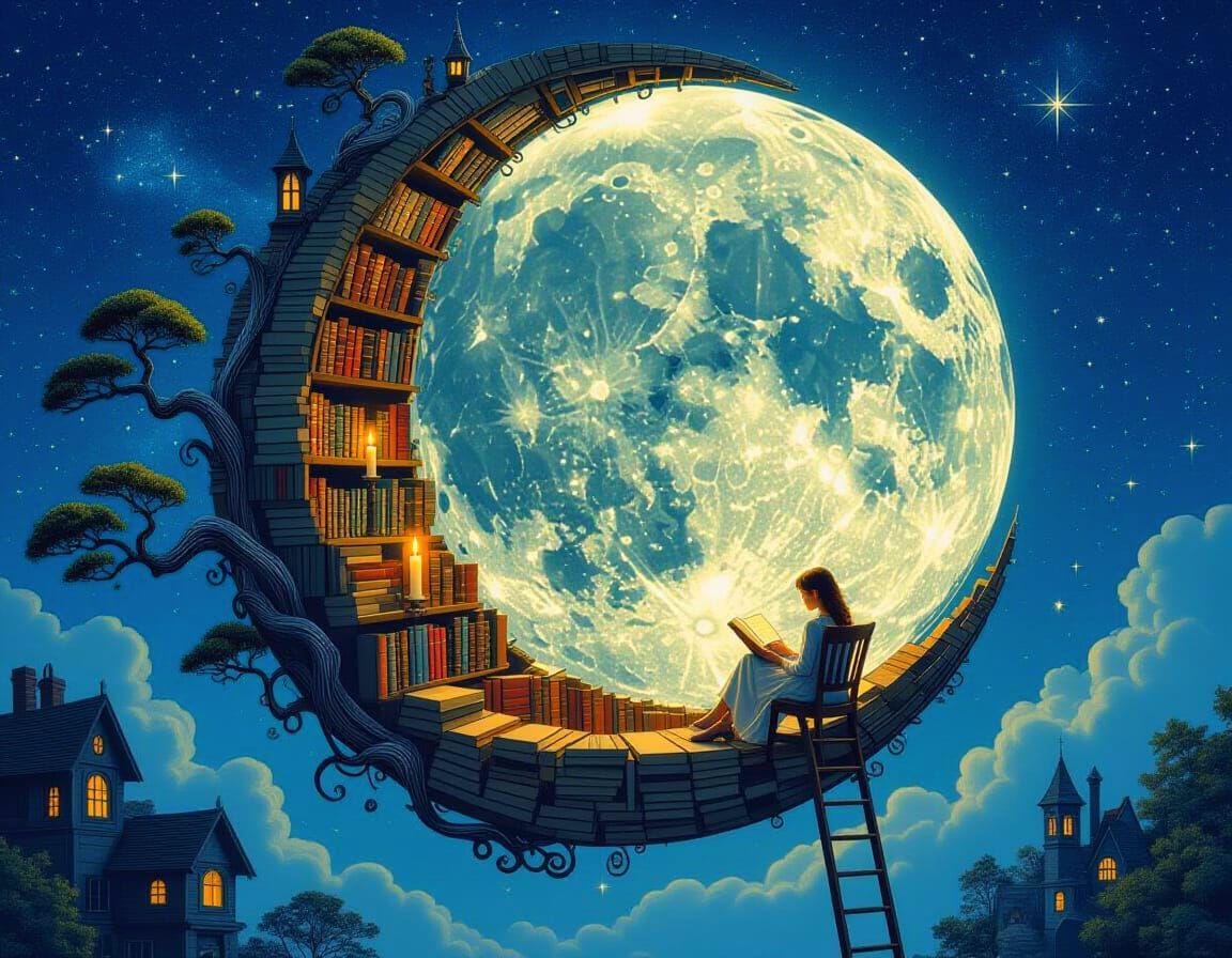 Enchanted Moon Library With Reading Girl