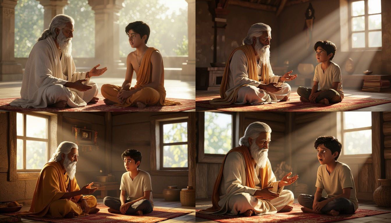 Guru Inspires Young Boy in Serene Ashram - Cinematic 3D Art