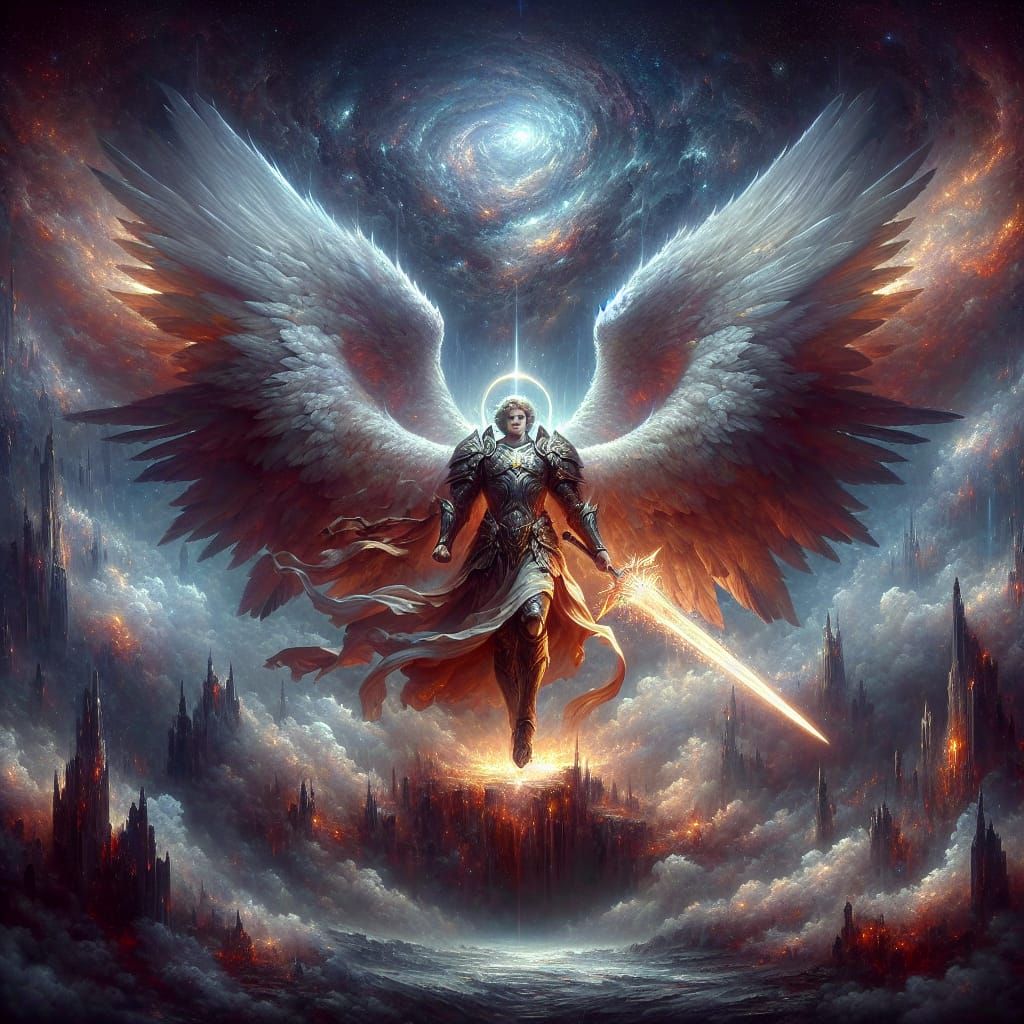 Archangel Michael Wielding Sword: Detailed Matte Painting