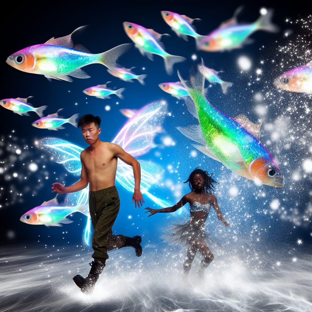 Whimsical Fairies Dance with Iridescent Fish in a Spectrum o...