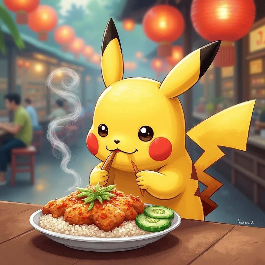 Pikachu Enjoys Hainanese Chicken Rice in Whimsical Street Sc...