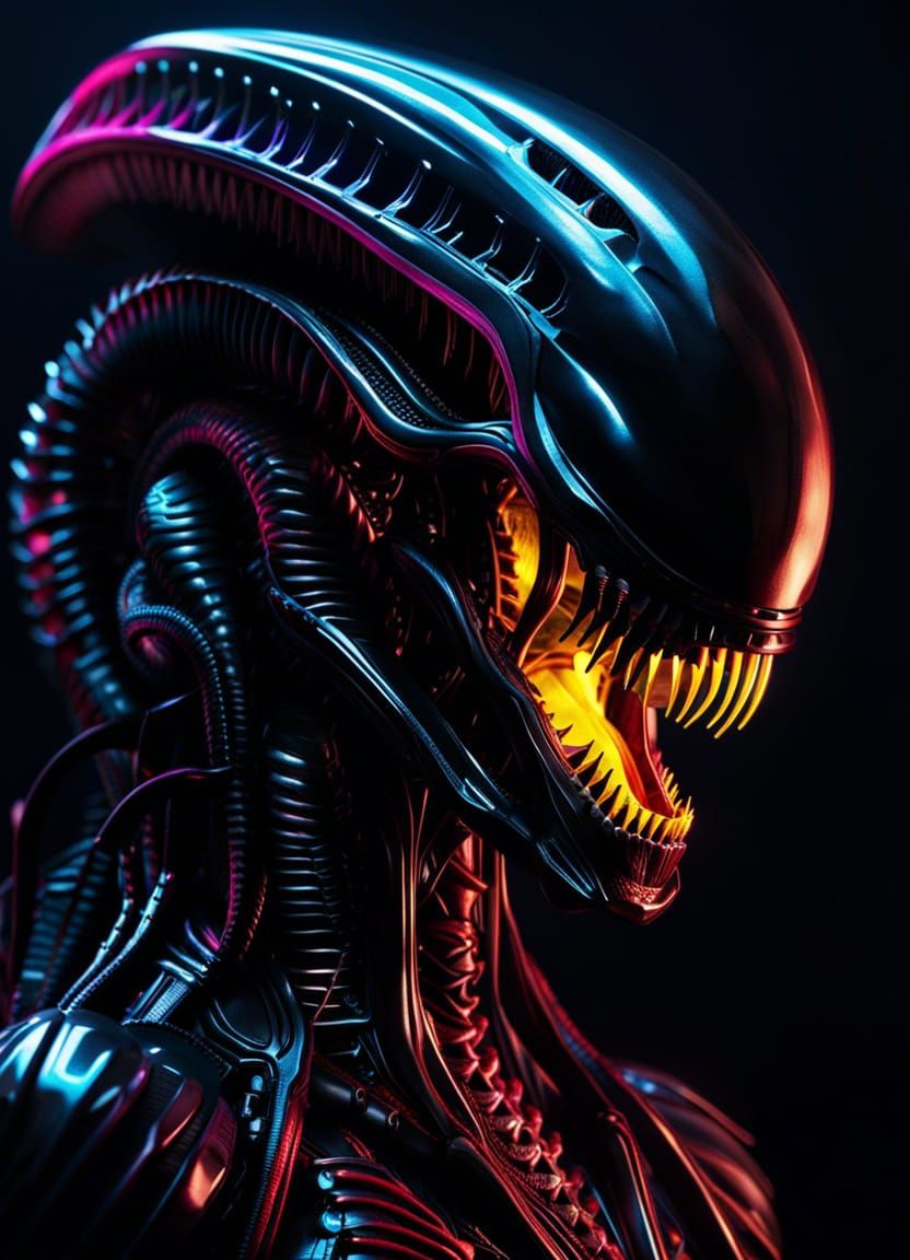 Cybernetic Xenomorph in Cyberpunk Horrorcore Style
