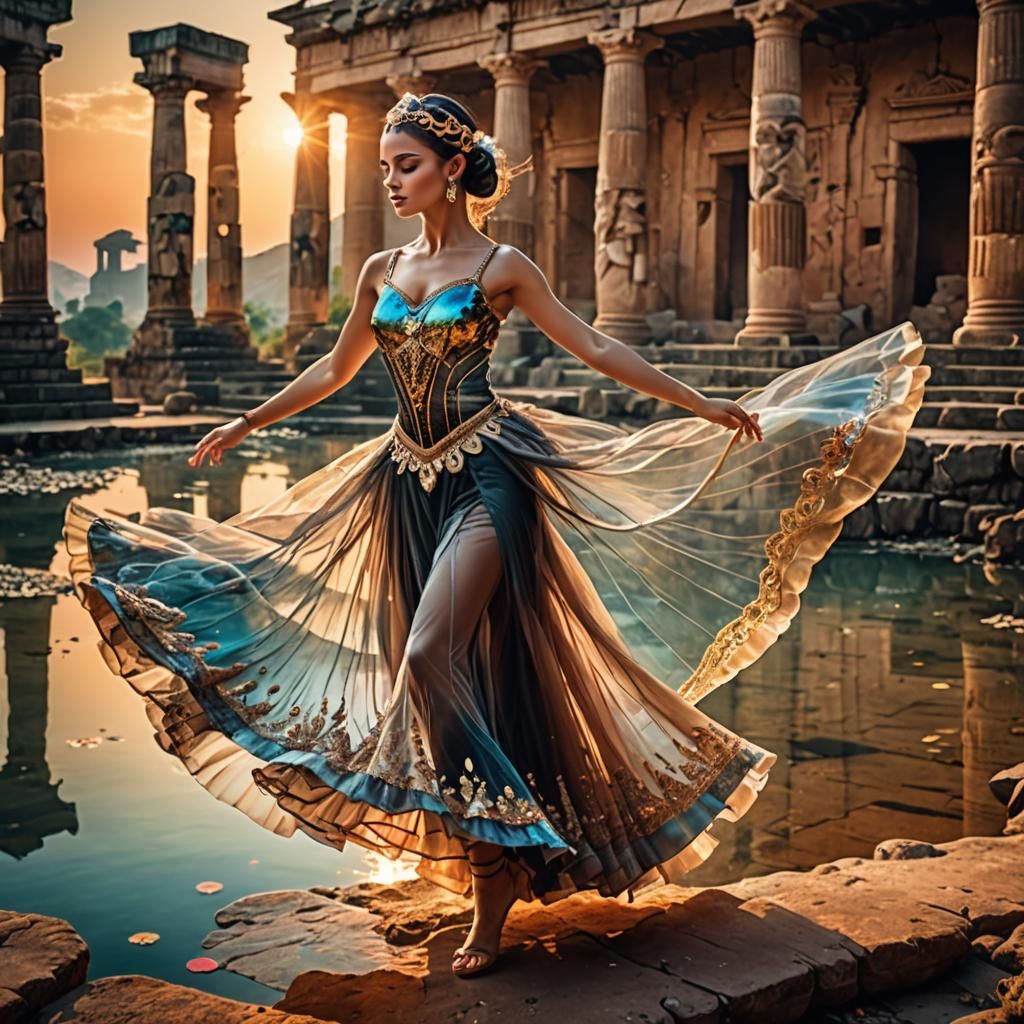 Elegant Ballet Dancer in Ancient Ruins, Hyperrealistic Art