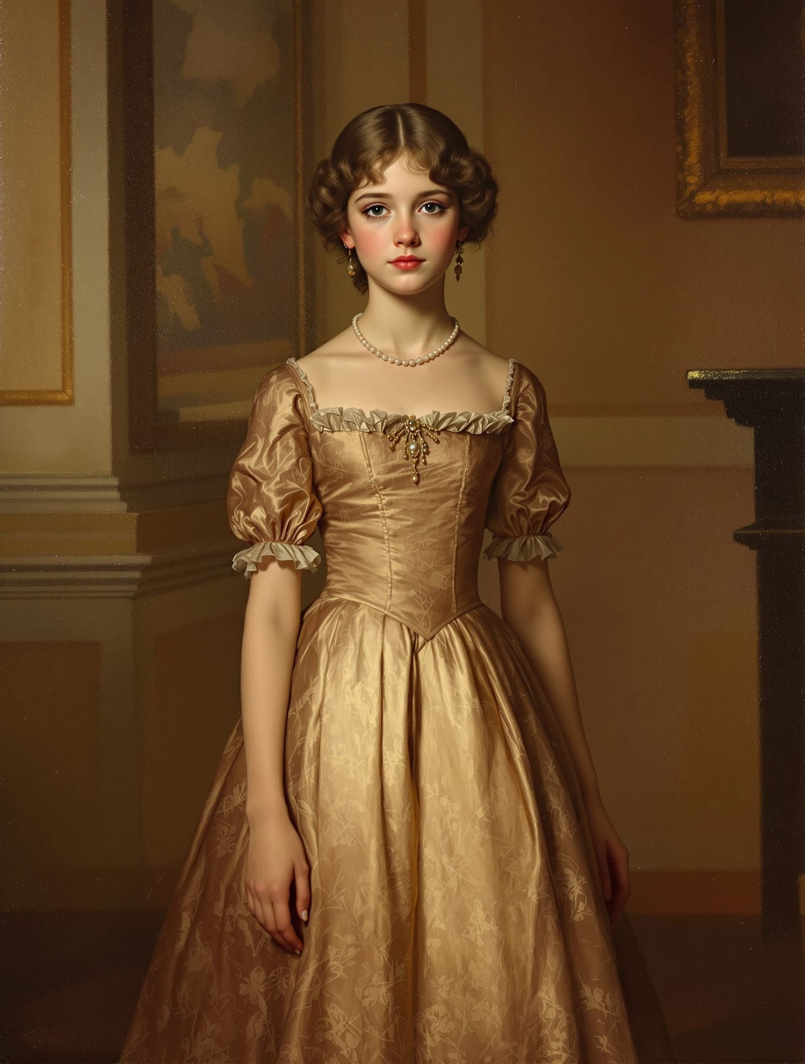 Girl in Elegant Dress as Portrait Painting