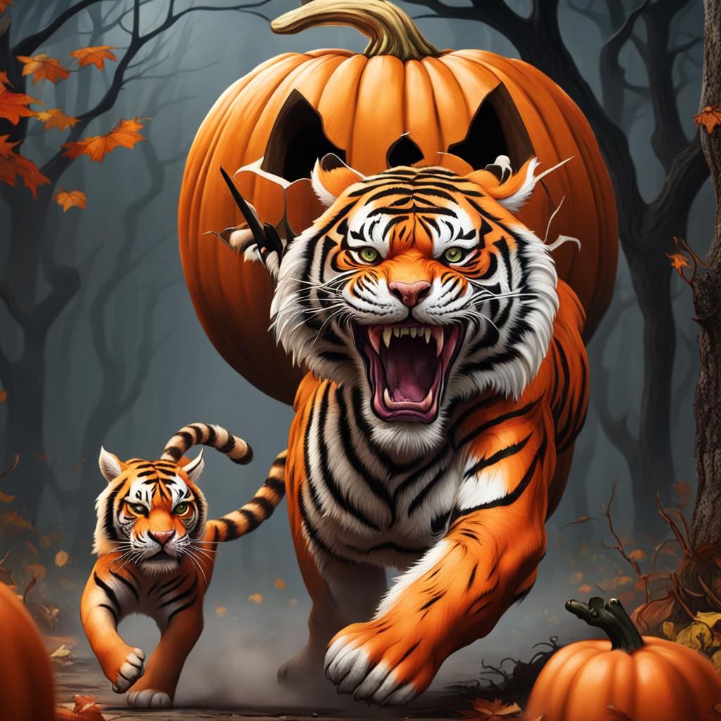 Tiger Hunts Scary Pumpkin in 8K