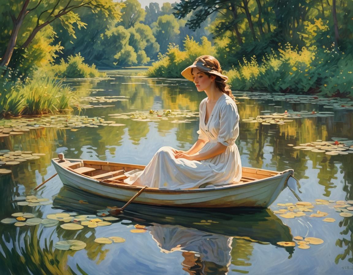 Woman in Boat on Lake: Impressionist Painting