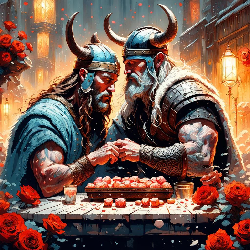 Pretty Beautiful Viking and the Berserker exchanging chocolates and Roses reimagined as digital pointillism by Tran Nguy...