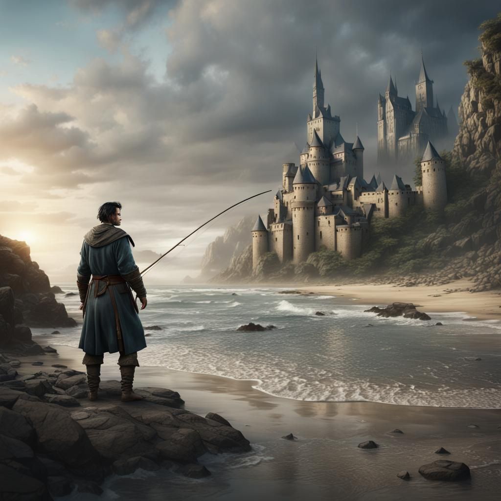 Medieval Fisherman on Beach, Fantasy Concept Art