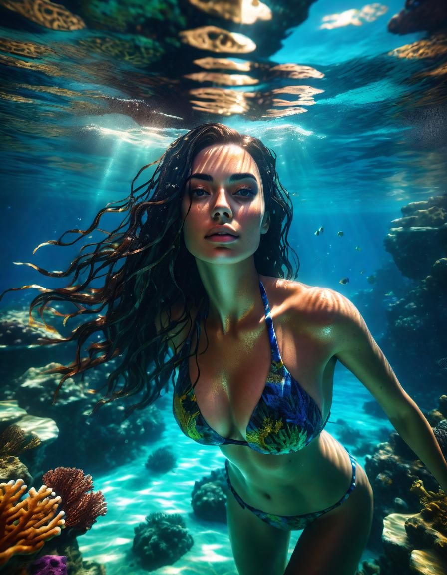 Underwater Woman in Coral Reef, Renaissance Fantasy Style