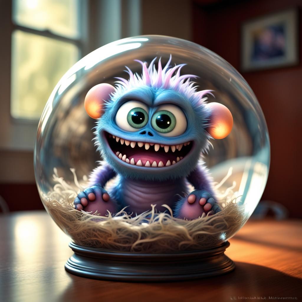 Chibi Trash Monster in Glass Orb, Pixar Style