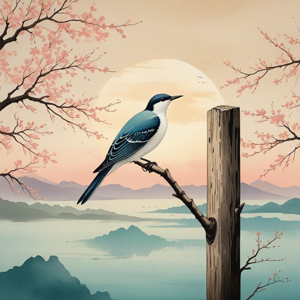 Elegant Bird in Cherry Blossom Paradise