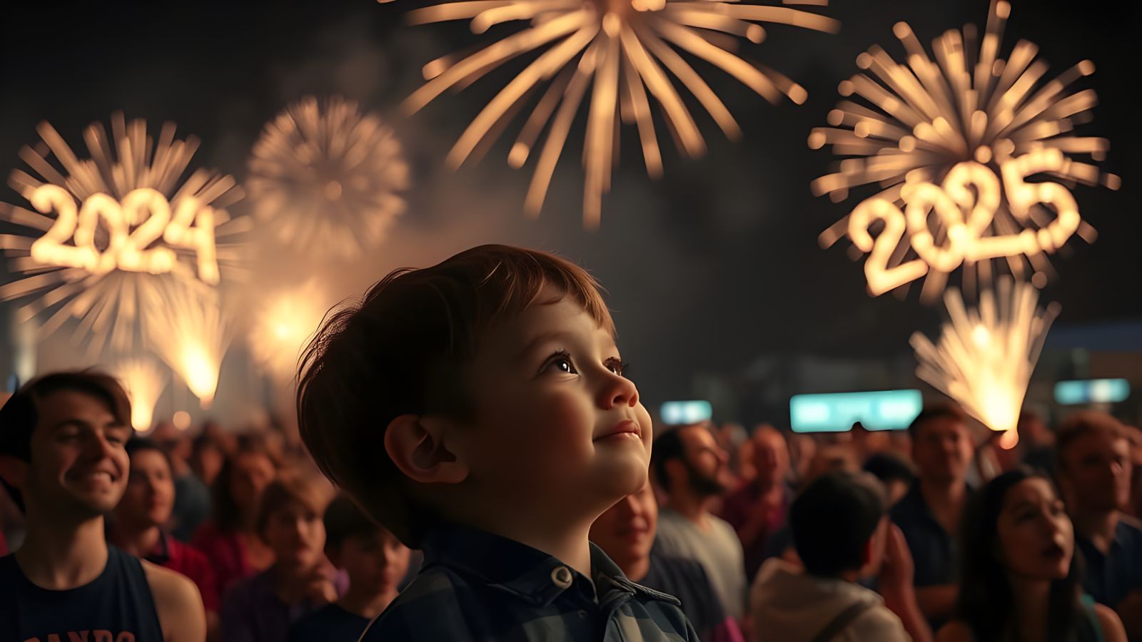 Joyful Crowd Celebrates New Year in Hyperrealistic Fireworks...