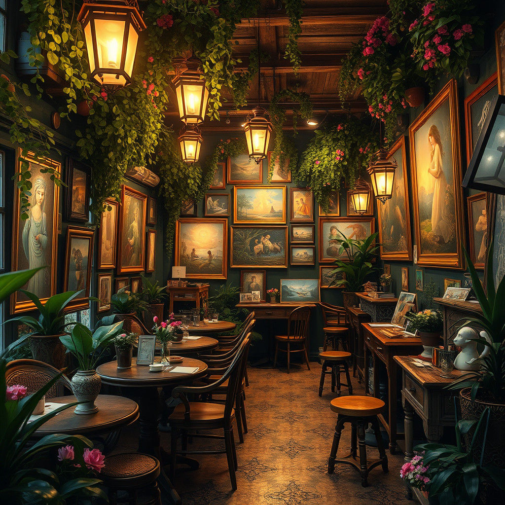 Enchanting Artists' Cafe at Night in Matte Painting Style