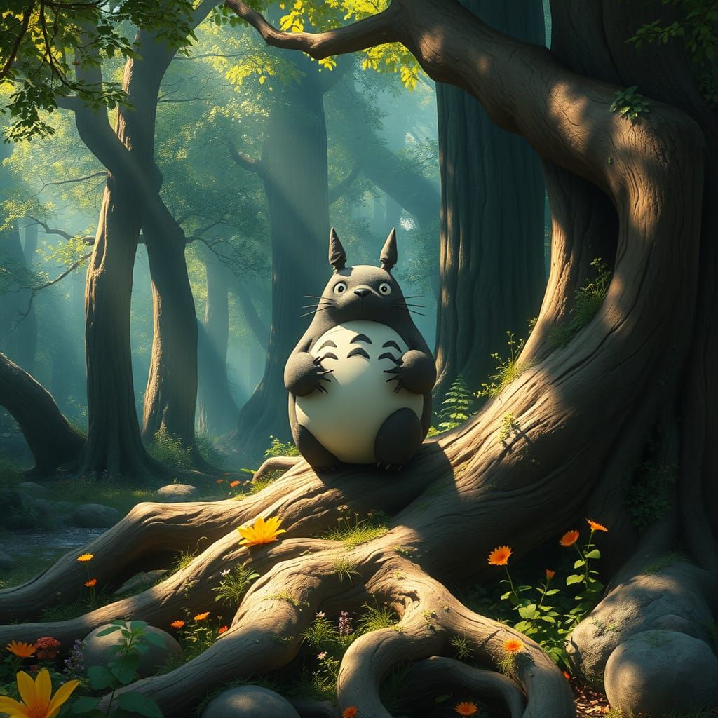 Mystical Forest Spirit Totoro Majestically Sits on Tree Root...