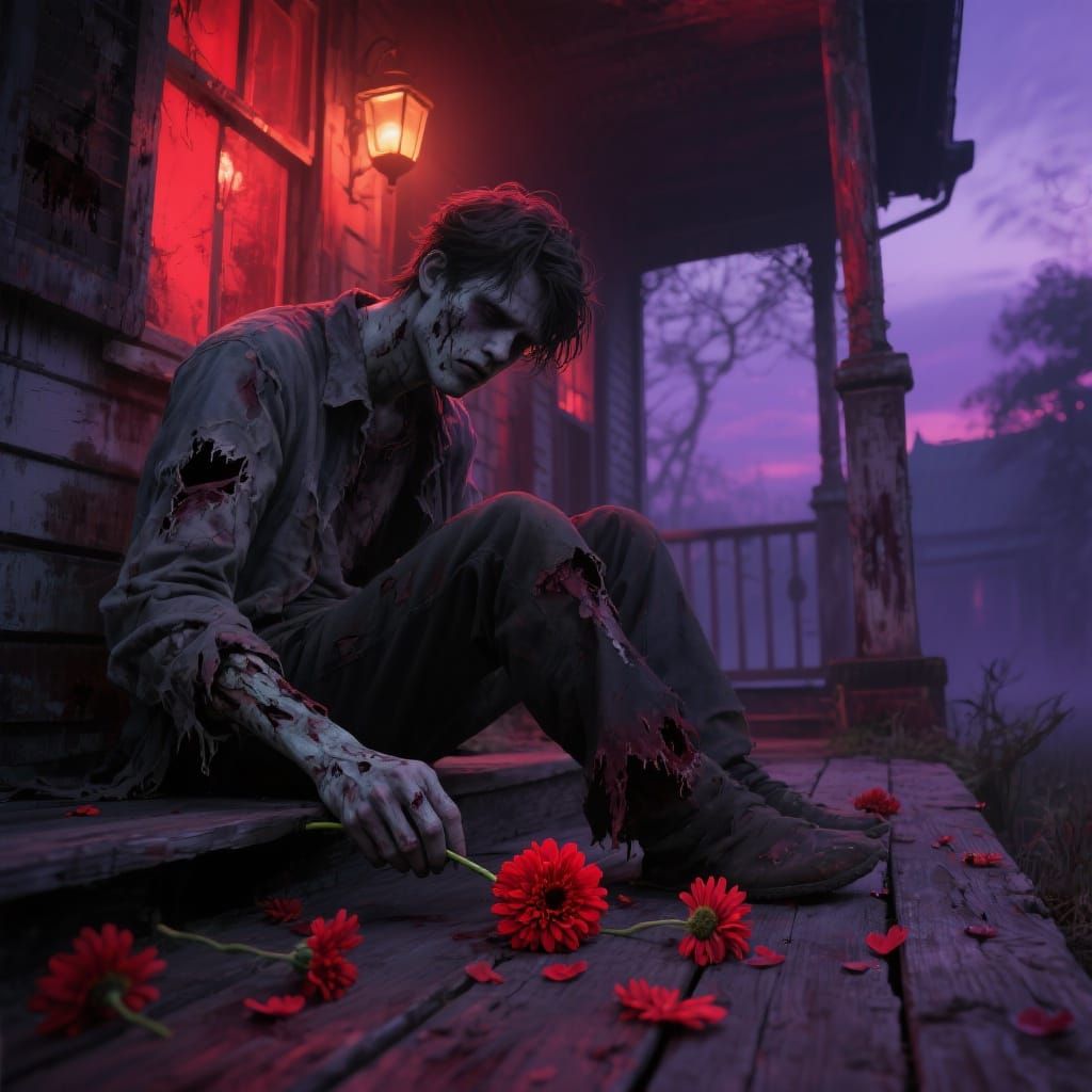 Zombie with Chrysanthemum in Moody Gothic Style