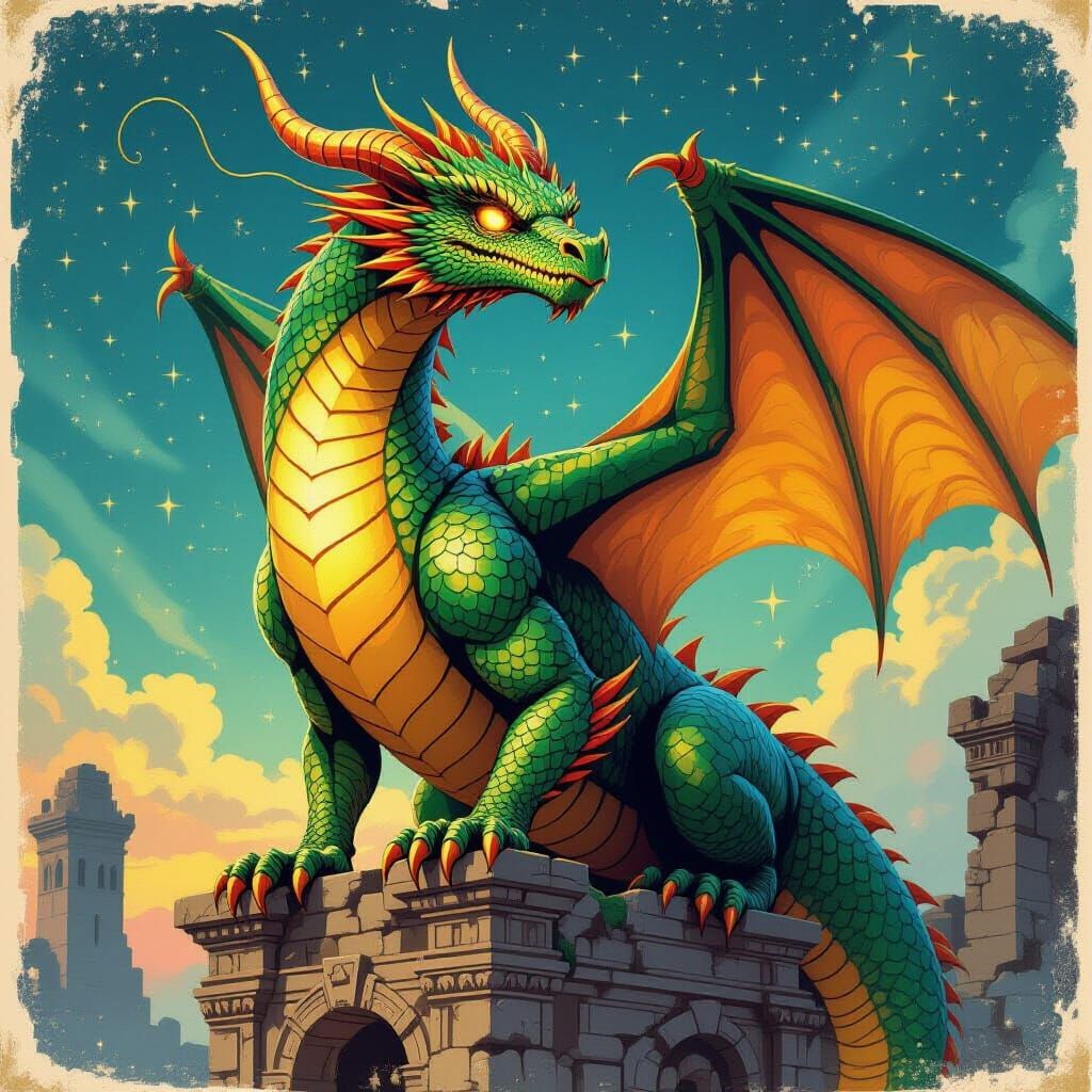 Shimmering Emerald Dragon on Ancient Ruins in Vintage Illust...