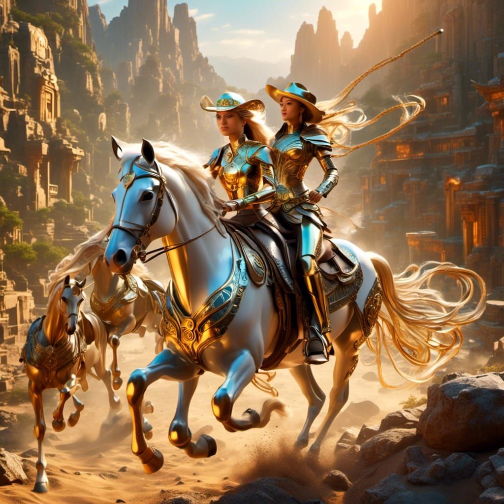 Glass Cyborg Cowgirls in Golden Canyon Light