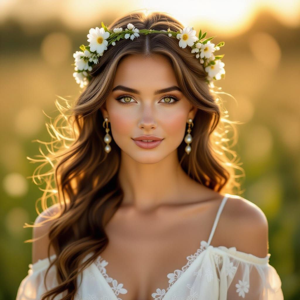 Ethereal Woman with Floral Crown in Art Nouveau Style