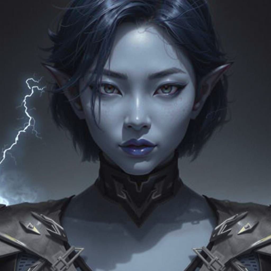 Fierce Asian Woman with Elvish Ears and Blue Lightning