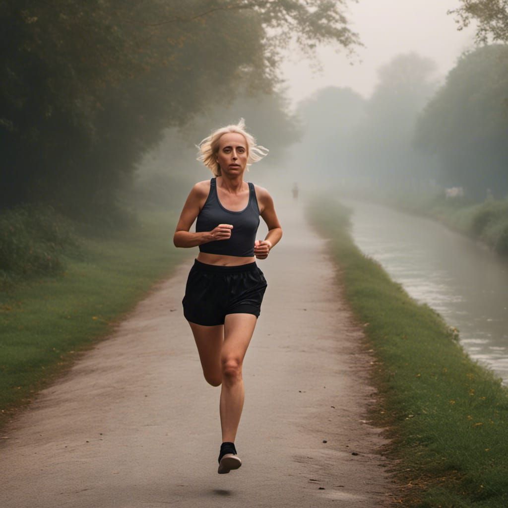 Blonde Beauty Runs Along Canal in Morning Mist
