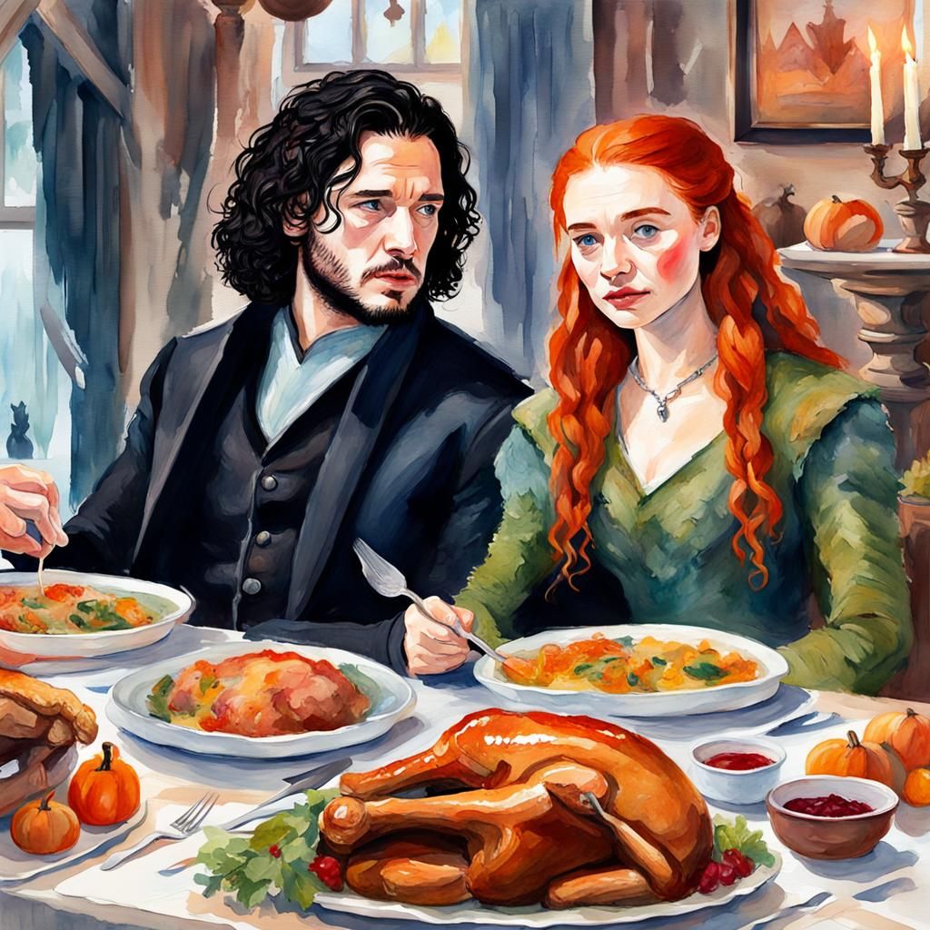 Jon Snow and Sansa Stark Thanksgiving in Gouache