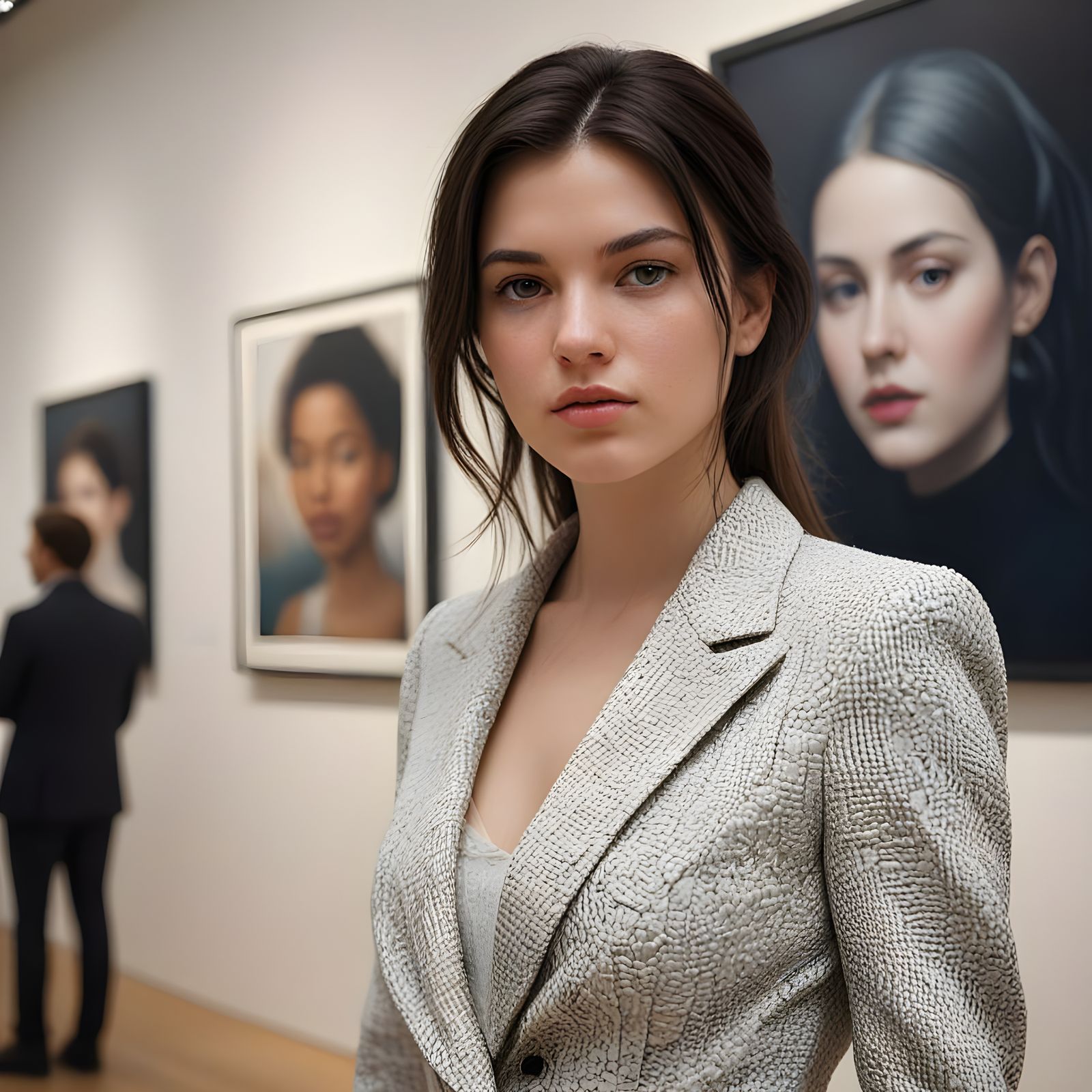 Woman at Modern Art Gallery Opening in Photorealistic Style