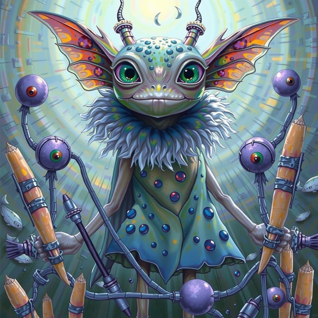 Children and Grasshopper in Iridescent Vortex as Impasto Pai...