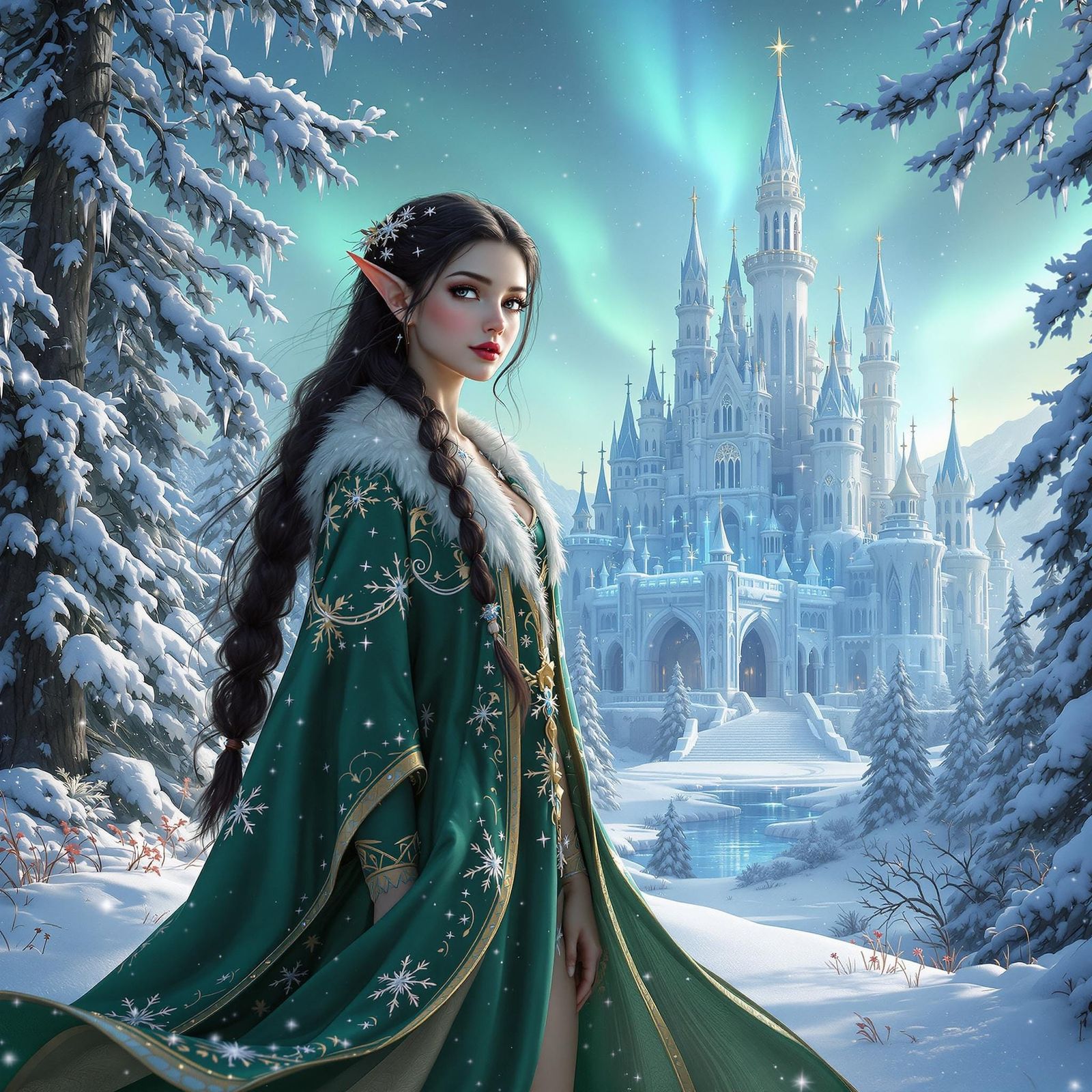 Whimsical Girl Elf in Winter Wonderland Art Concept