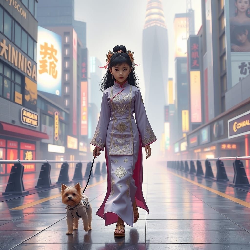 Cyberpunk Asian Girl Walks Her Yorkie in a Futuristic City