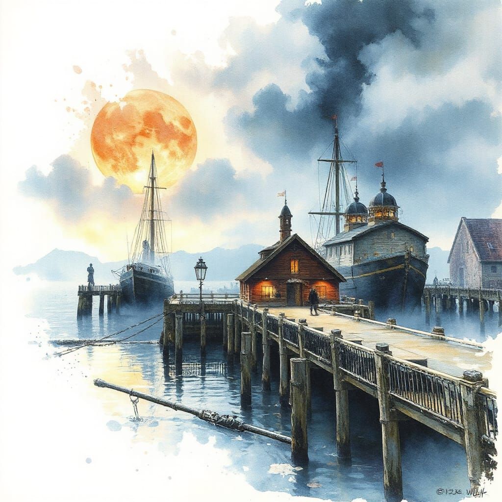 Mystical Wharf at Moonrise with Ghostly Vessels in Pastel Hu...