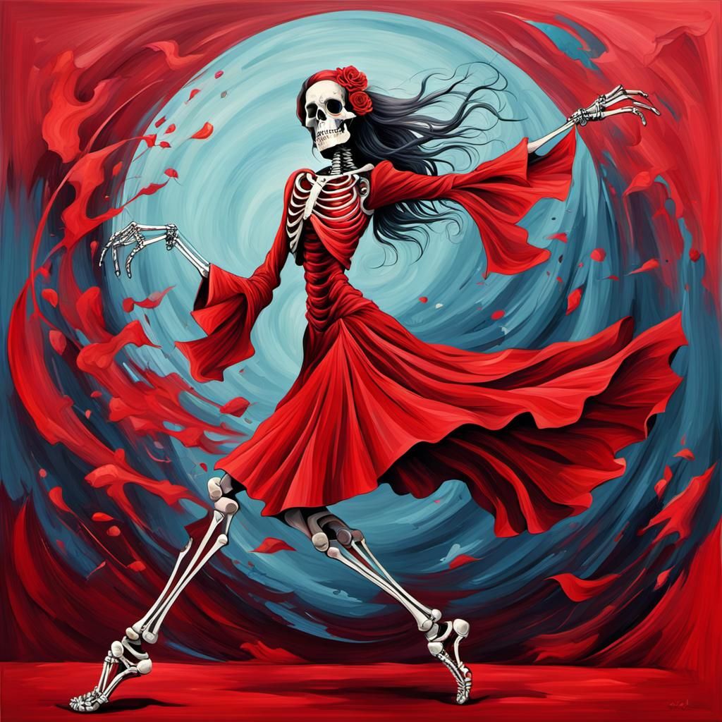 Skeleton Lady Dancing in Abstract Art Style