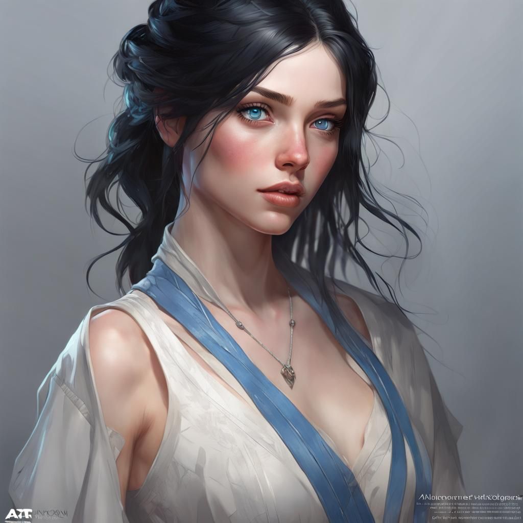 Portrait of Woman with Black Hair in Hyperdetailed Style