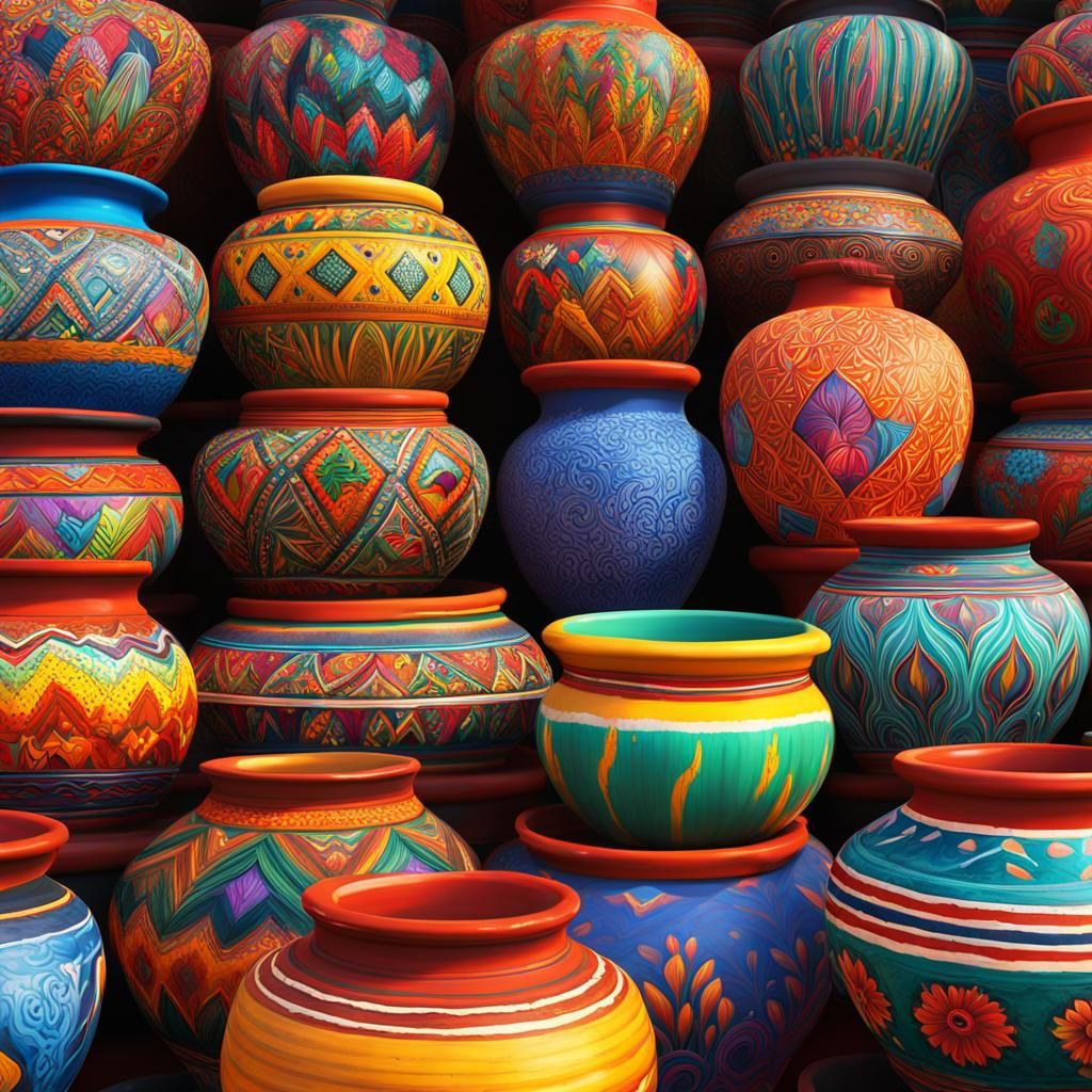 Colorful Oaxaca Pottery in Mexican Market