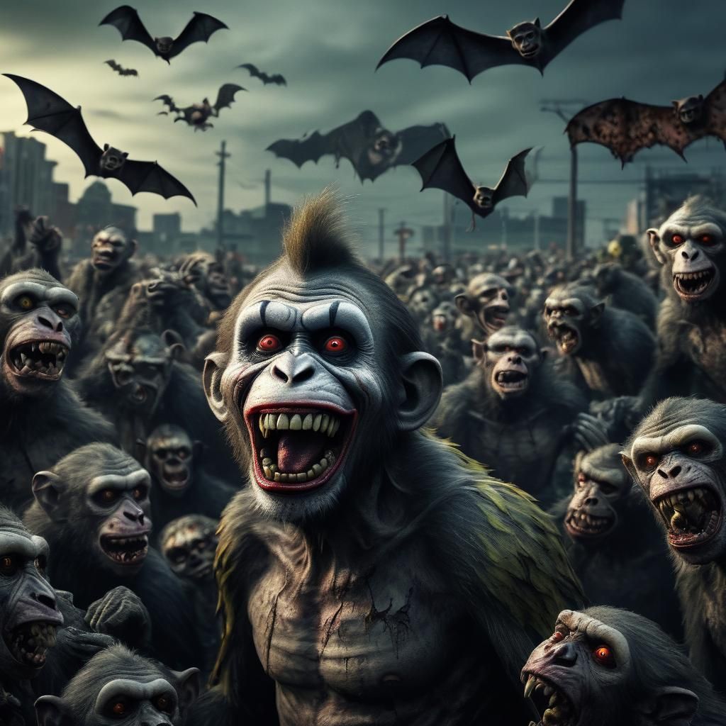 Hyperrealistic Zombie Monkey Clown Surrounded by Bats