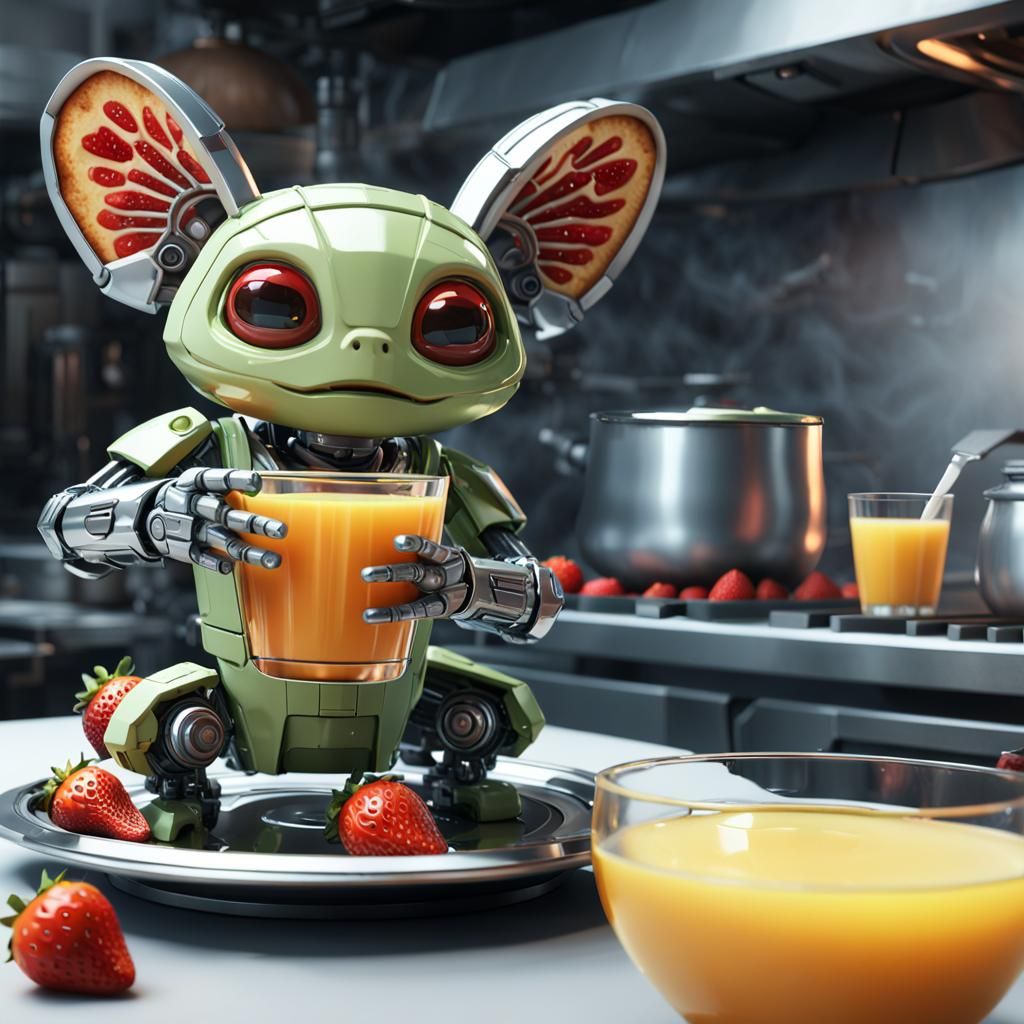 Happy Grogu Cooking Pancakes in Futuristic Sci-Fi Style