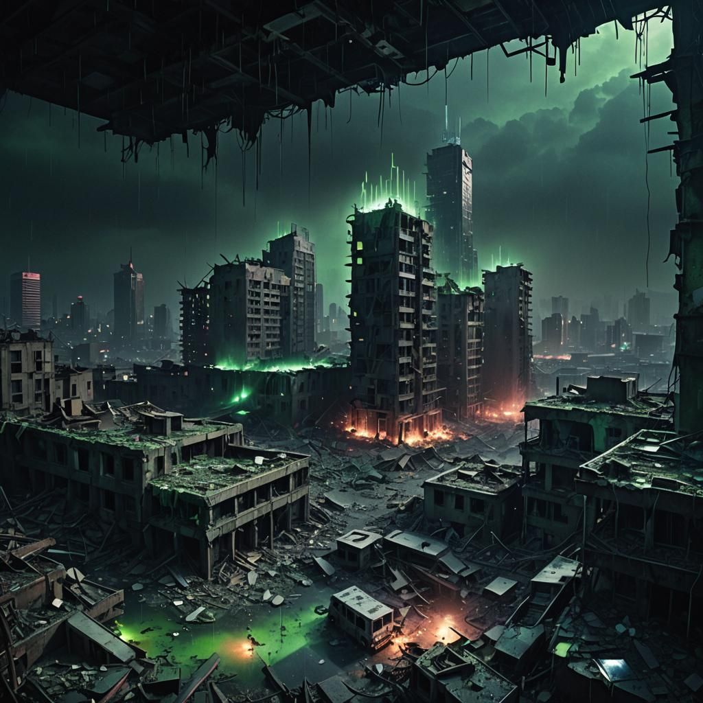 Eerie Dystopian Cityscape with Ethereal Glow