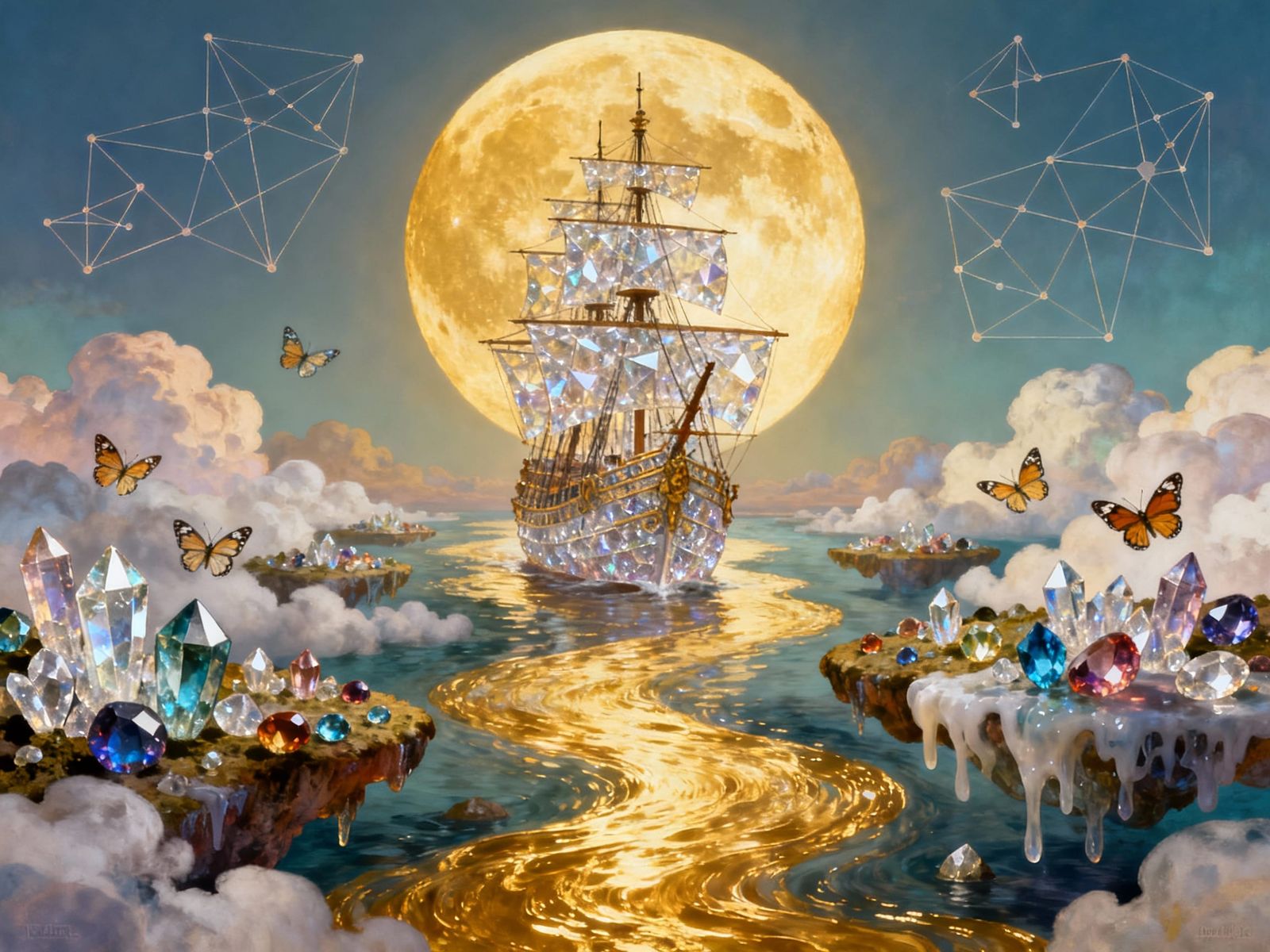 Crystal Clipper Ship in Surreal Gemstone Landscape