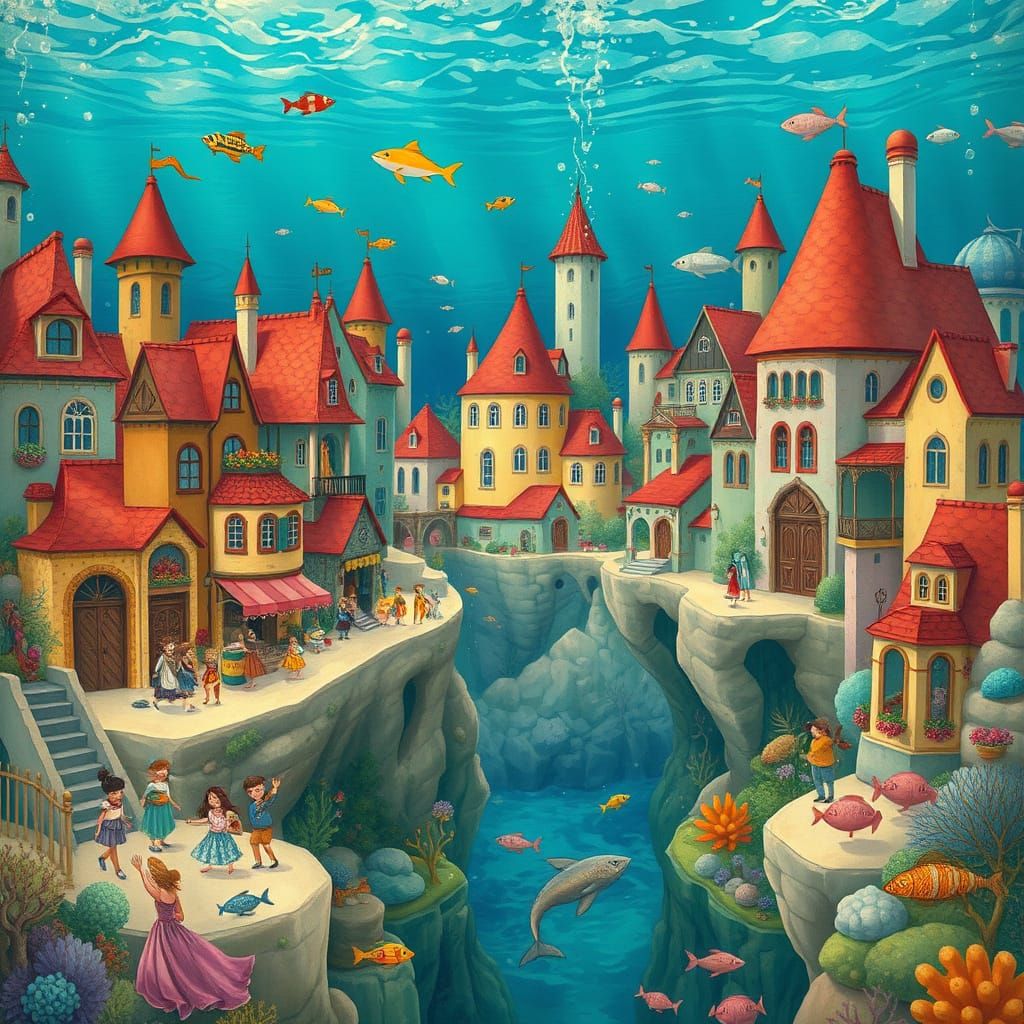 Whimsical Underwater Towns in Gouache Style